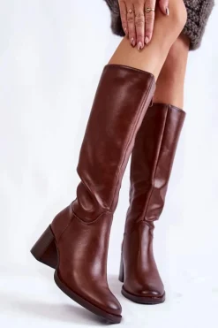 New Buty Sergio Leone Damskie Skórzane Kozaki Na Słupku Brązowe Bremo