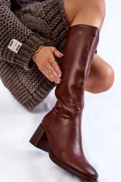 New Buty Sergio Leone Damskie Skórzane Kozaki Na Słupku Brązowe Bremo