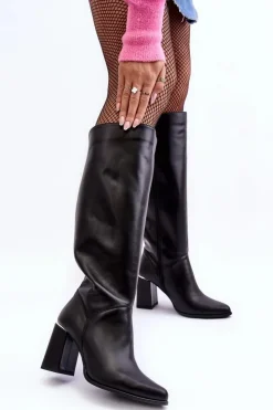 Damskie Boto Damskie Skórzane Kozaki Na Słupku Czarne Lewski 2928/B