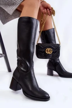 Buty Sergio Leone Kozaki Przed Kolano|Kozaki Na Obcasie*Damskie Skórzane Kozaki Na Słupku Czarne Bremo