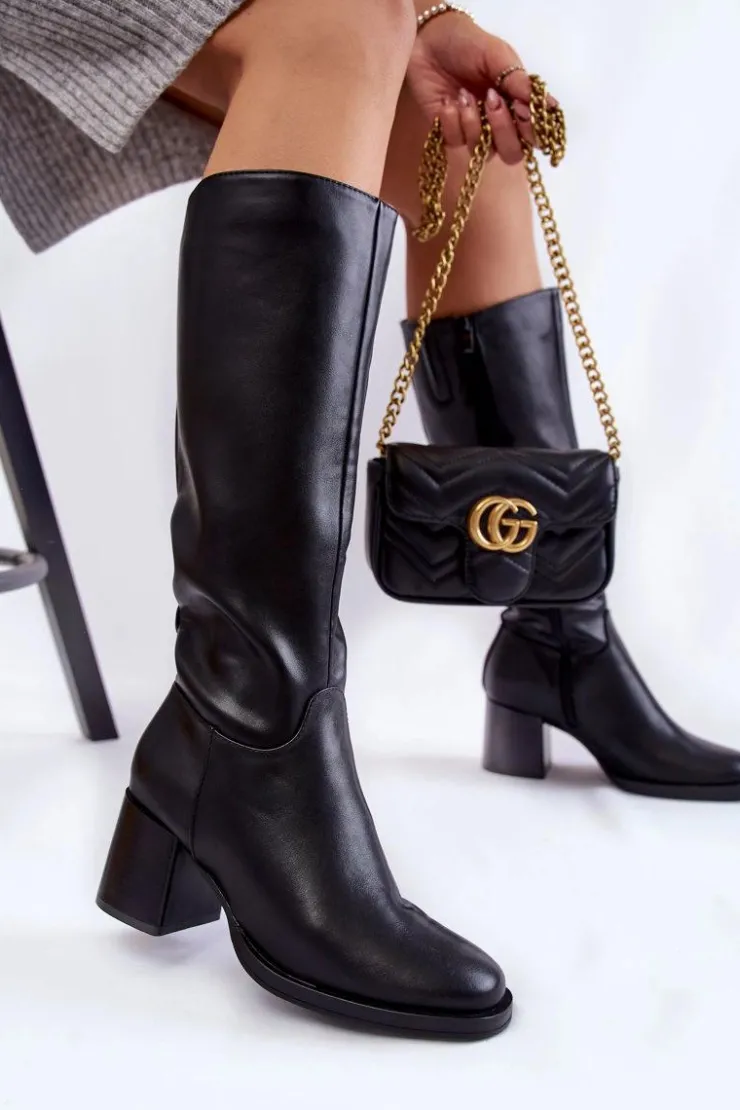 Buty Sergio Leone Kozaki Przed Kolano|Kozaki Na Obcasie*Damskie Skórzane Kozaki Na Słupku Czarne Bremo