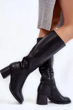 Buty Sergio Leone Kozaki Przed Kolano|Kozaki Na Obcasie*Damskie Skórzane Kozaki Na Słupku Czarne Bremo