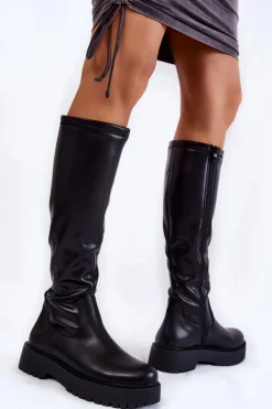 Buty Sergio Leone Kozaki Płaskie|Kozaki Przed Kolano*Damskie Skórzane Kozaki Na Platformie Czarne Aretha