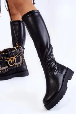 Buty Sergio Leone Kozaki Płaskie|Kozaki Przed Kolano*Damskie Skórzane Kozaki Na Platformie Czarne Aretha