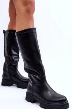 Boto Kozaki Płaskie|Kozaki Przed Kolano*Damskie Skórzane Kozaki Oficerki Na Płaskim Obcasie Czarne Nenet