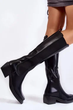 Damskie Boto Damskie Skórzane Kozaki Oficerki Czarne Larsen