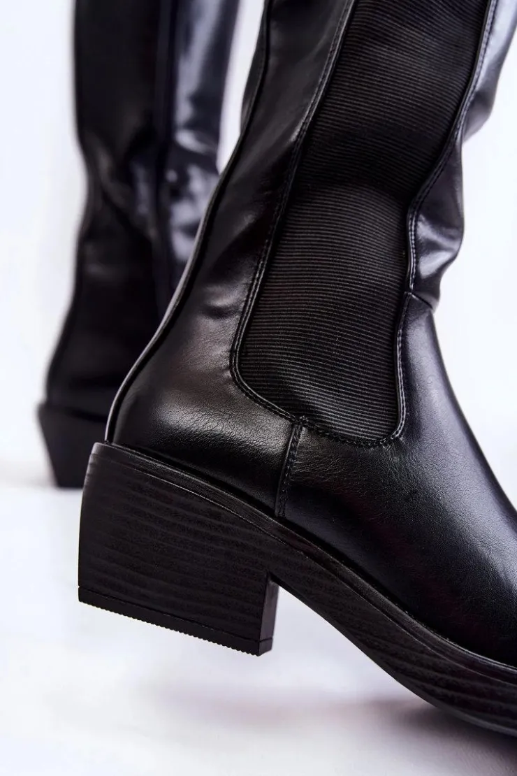 Damskie Boto Damskie Skórzane Kozaki Oficerki Czarne Larsen