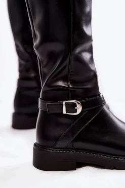 Boto Kozaki Płaskie|Kozaki Przed Kolano*Damskie Skórzane Kozaki Z Paskiem Czarne Liese