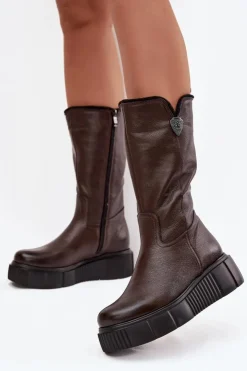 Online Zazoo Damskie Skórzane Kozaki Z Wełną 70121 Czekoladowe Brązowy
