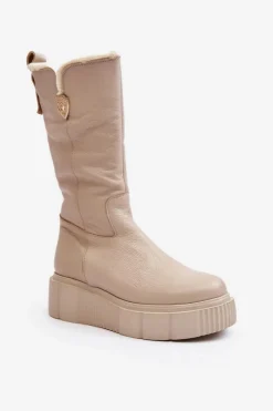 Zazoo Kozaki Ocieplane|Kozaki Na Koturnie*Damskie Skórzane Kozaki Z Wełną 70121 Beżowe Beżowy
