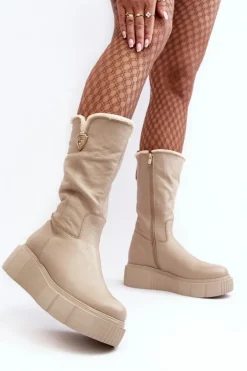 Zazoo Kozaki Ocieplane|Kozaki Na Koturnie*Damskie Skórzane Kozaki Z Wełną 70121 Beżowe Beżowy