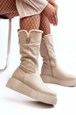 Zazoo Kozaki Ocieplane|Kozaki Na Koturnie*Damskie Skórzane Kozaki Z Wełną 70121 Beżowe Beżowy