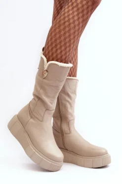 Zazoo Kozaki Ocieplane|Kozaki Na Koturnie*Damskie Skórzane Kozaki Z Wełną 70121 Beżowe Beżowy