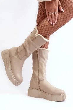 Zazoo Kozaki Ocieplane|Kozaki Na Koturnie*Damskie Skórzane Kozaki Z Wełną 70121 Beżowe Beżowy