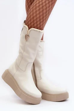 Damskie Zazoo Damskie Skórzane Kozaki Z Wełną Kremowe Bayla