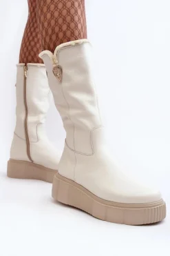 Damskie Zazoo Damskie Skórzane Kozaki Z Wełną Kremowe Bayla