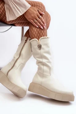 Damskie Zazoo Damskie Skórzane Kozaki Z Wełną Kremowe Bayla