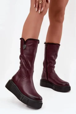 Damskie Zazoo Damskie Skórzane Kozaki Z Wełną 70121 Bordowe