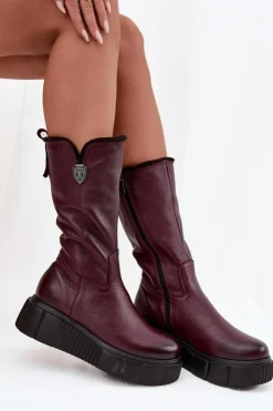 Damskie Zazoo Damskie Skórzane Kozaki Z Wełną 70121 Bordowe
