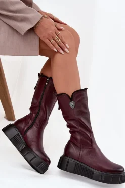 Damskie Zazoo Damskie Skórzane Kozaki Z Wełną 70121 Bordowe