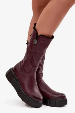 Damskie Zazoo Damskie Skórzane Kozaki Z Wełną 70121 Bordowe