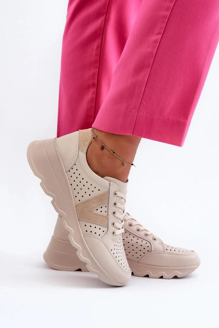 Buty damskie Vinceza Sneakersy Damskie*Damskie Skórzane Lekkie Buty Sportowe Beżowe Eleonori Beżowy