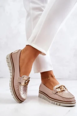 Damskie Boto Damskie Skórzane Mokasyny Na Platformie Beżowe Venesia
