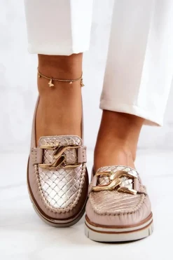 Damskie Boto Damskie Skórzane Mokasyny Na Platformie Beżowe Venesia