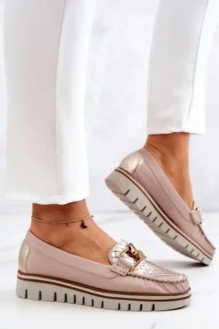 Damskie Boto Damskie Skórzane Mokasyny Na Platformie Beżowe Venesia