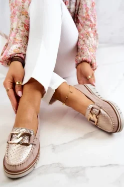 Damskie Boto Damskie Skórzane Mokasyny Na Platformie Beżowe Venesia