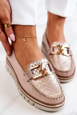 Damskie Boto Damskie Skórzane Mokasyny Na Platformie Beżowe Venesia