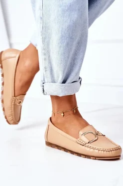 Outlet Boto Damskie Skórzane Mokasyny Jasny Brąz Downtown