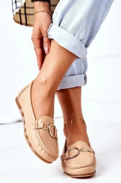 Outlet Boto Damskie Skórzane Mokasyny Jasny Brąz Downtown