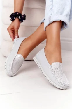 Damskie Damskie buty S.Barski Damskie Skórzane Mokasyny S.Barski 97630 Szare