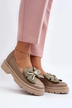 Damskie Laura Messi Damskie Skórzane Mokasyny Z Kokardą 2787 Beżowe