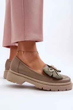 Damskie Laura Messi Damskie Skórzane Mokasyny Z Kokardą 2787 Beżowe