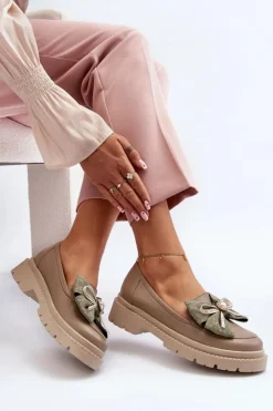 Damskie Laura Messi Damskie Skórzane Mokasyny Z Kokardą 2787 Beżowe