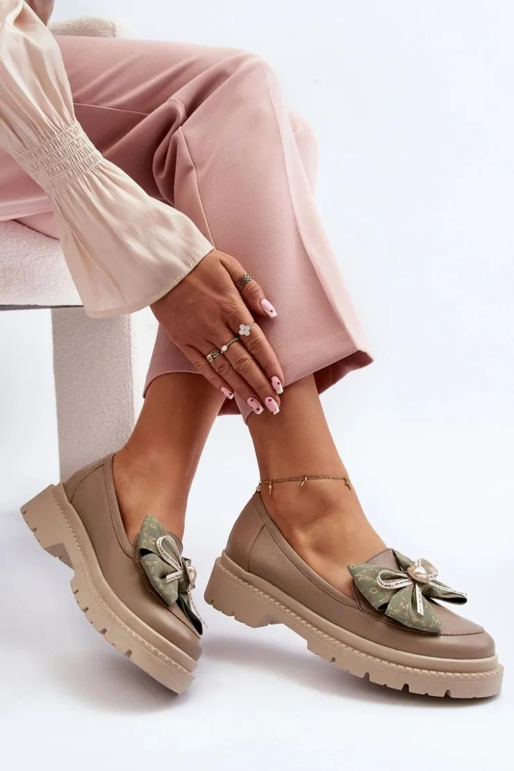 Damskie Laura Messi Damskie Skórzane Mokasyny Z Kokardą 2787 Beżowe