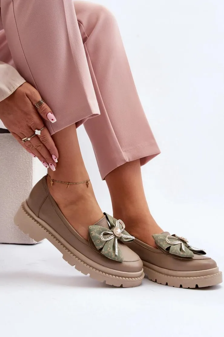 Damskie Laura Messi Damskie Skórzane Mokasyny Z Kokardą 2787 Beżowe