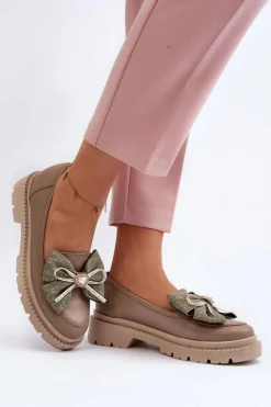 Damskie Laura Messi Damskie Skórzane Mokasyny Z Kokardą 2787 Beżowe