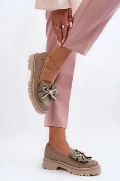 Damskie Laura Messi Damskie Skórzane Mokasyny Z Kokardą 2787 Beżowe