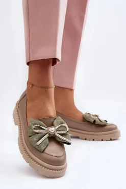 Damskie Laura Messi Damskie Skórzane Mokasyny Z Kokardą 2787 Beżowe