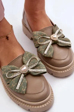 Damskie Laura Messi Damskie Skórzane Mokasyny Z Kokardą 2787 Beżowe