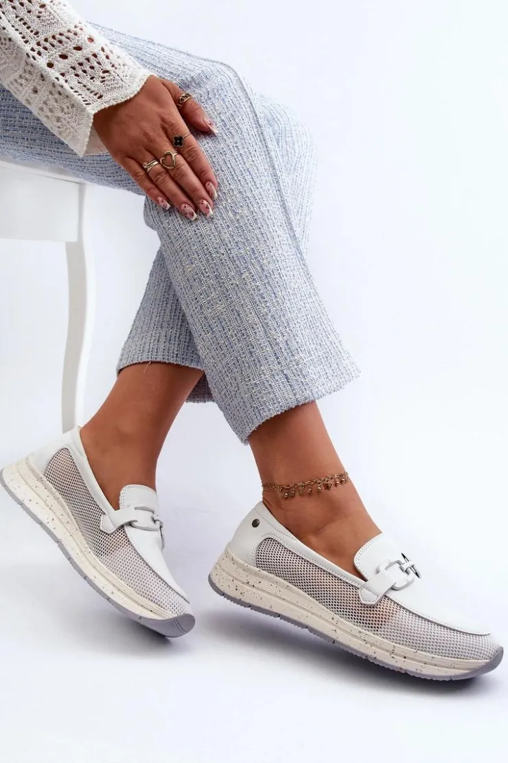 Damskie Damskie buty S.Barski Damskie Skórzane Mokasyny D&A TW210 Białe