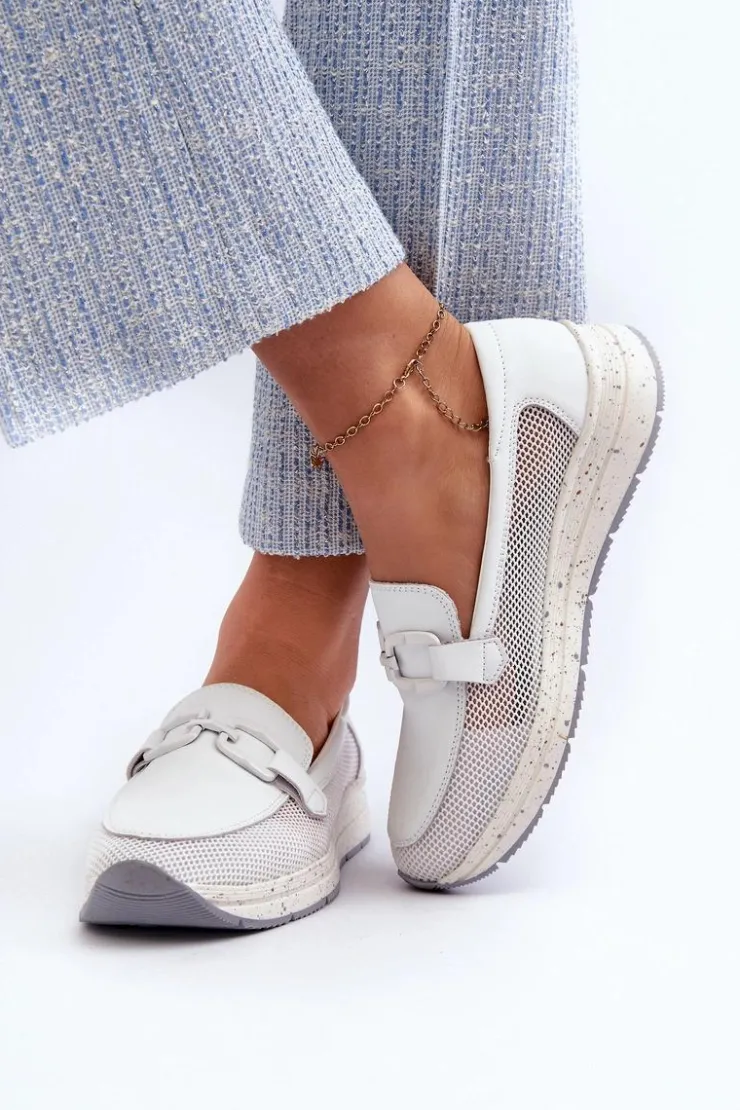 Damskie Damskie buty S.Barski Damskie Skórzane Mokasyny D&A TW210 Białe