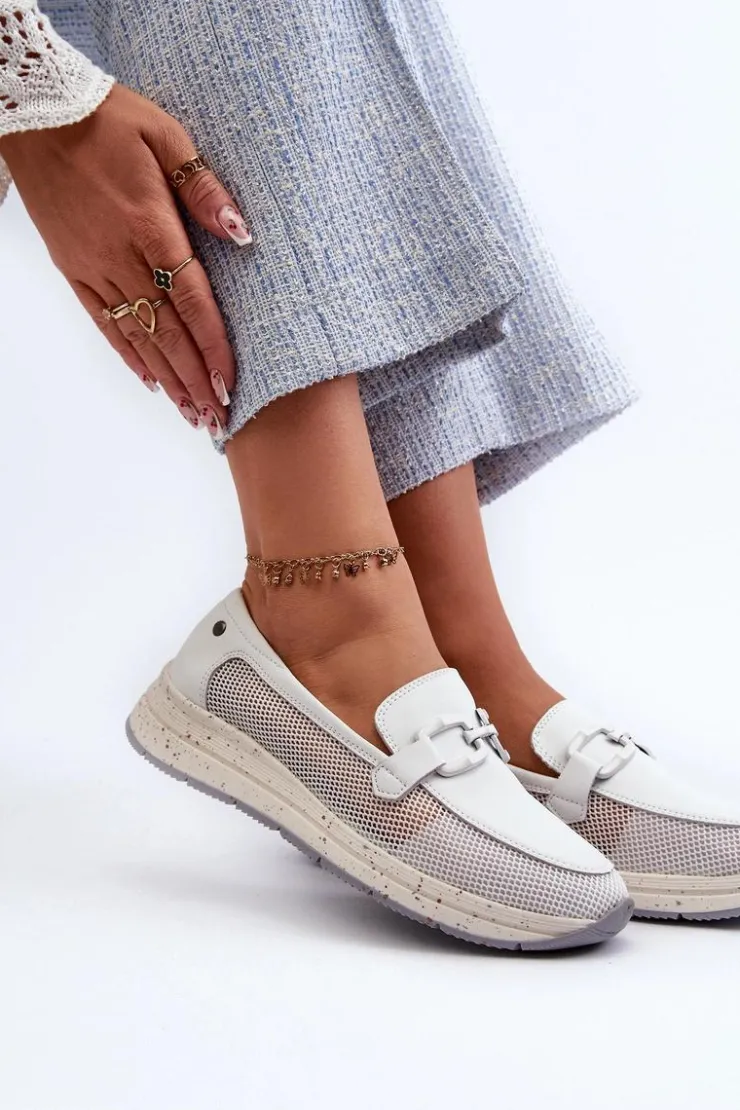 Damskie Damskie buty S.Barski Damskie Skórzane Mokasyny D&A TW210 Białe