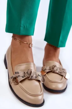 Discount Boto Damskie Skórzane Mokasyny Z Kokardą Beżowe Dayes