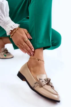 Discount Boto Damskie Skórzane Mokasyny Z Kokardą Beżowe Dayes