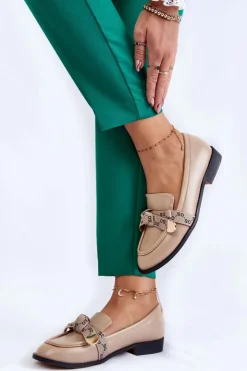 Discount Boto Damskie Skórzane Mokasyny Z Kokardą Beżowe Dayes