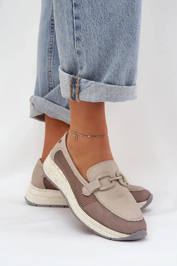 Damskie Damskie buty S.Barski Damskie Skórzane Mokasyny D&A TW210 Szare